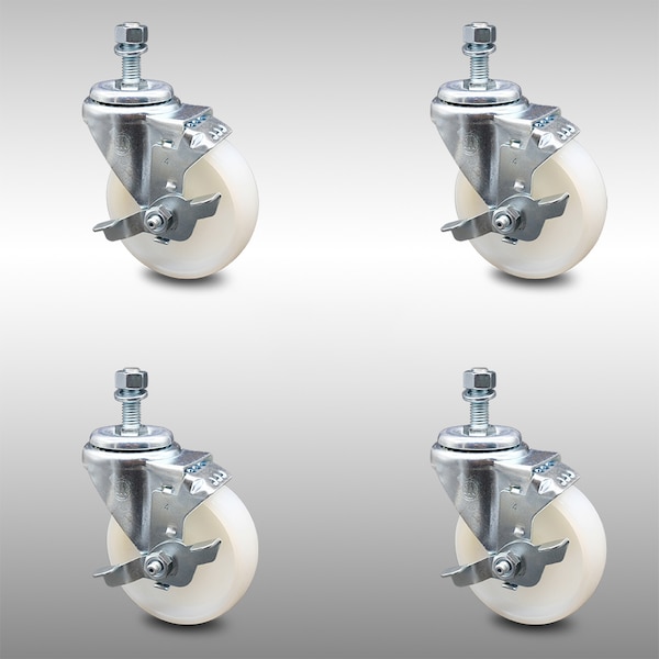 Service Caster 4 Inch SS Nylon Wheel Swivel 12mm Threaded Stem Caster Set Brake SCC SCC-SSTS20S414-NYS-TLB-M1215-4 - main